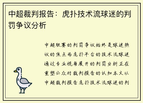 中超裁判报告：虎扑技术流球迷的判罚争议分析