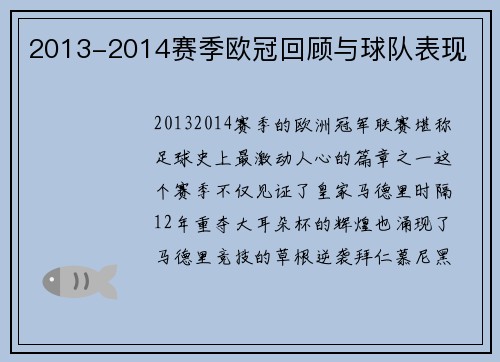 2013-2014赛季欧冠回顾与球队表现